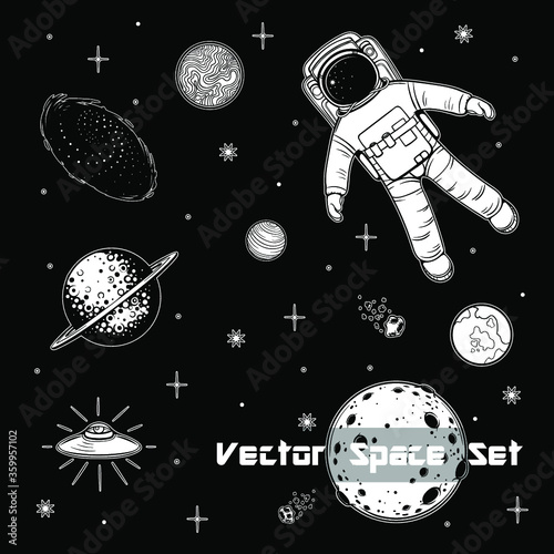 Vector Black and White Space Astronaut Set