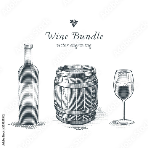 Wine bottle, wood barrel and glass of wine. Hand drawn engraving style illustrations.
