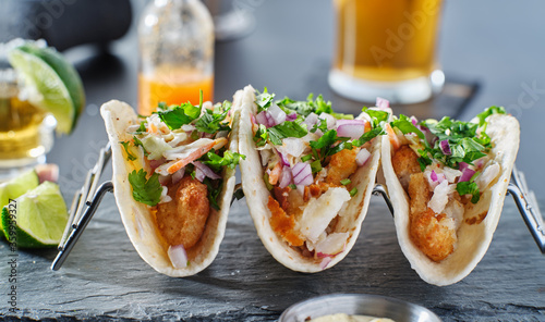 Canvas Print mexican fish tacos in metal tray