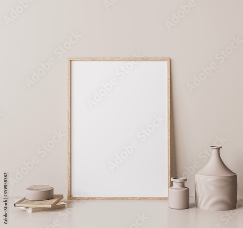 Fototapeta Naklejka Na Ścianę i Meble -  Vertical wooden frame mock up. Wooden frame poster, and simple vase on beige wall. 3D illustrations.