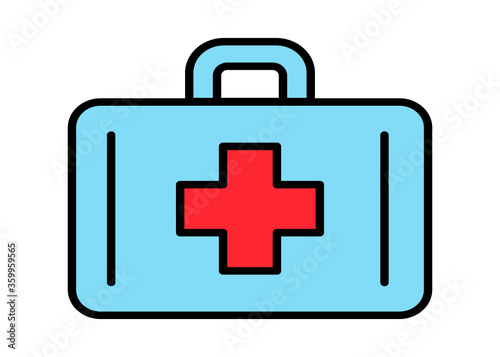 First aid kit icon in flat style. Health, help and medical diagnostics vector illustration on white isolated background. Doctor bag business concept.