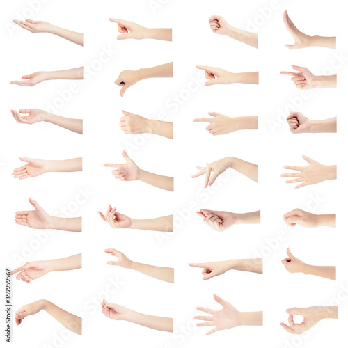 multiple collection right hand of woman in gestures and white skin isolated on white background
