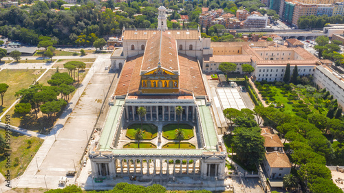 Aerial view of the papal basilica of San Paolo outside the walls in Rome, Italy. The building is one of the four papal basilicas of Rome