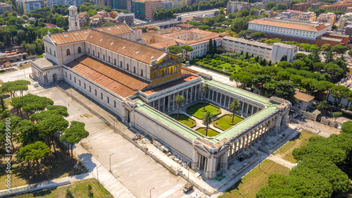 Aerial view of the papal basilica of San Paolo outside the walls in Rome, Italy. The building is one of the four papal basilicas of Rome