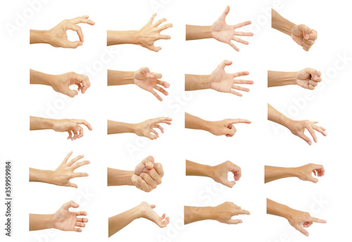 multiple hand with gestures of asian man for symbol to show out isolated on white background