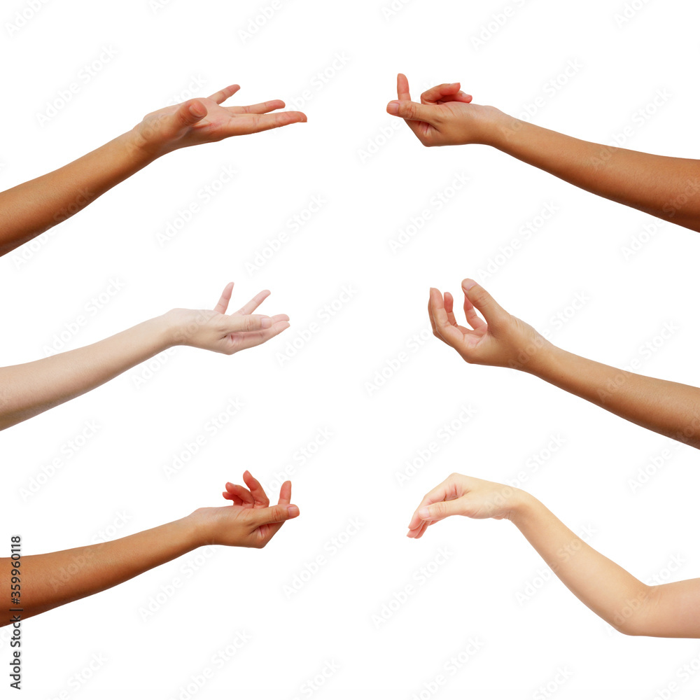 hand of Asian woman in multiple collection from gestures on isolated on white background