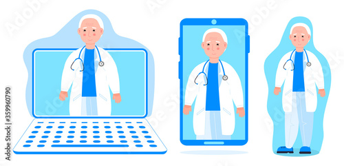 Tele medicine or online doctor. Online medical consultation concept vector. Ask a therapist or family female doctor. Set of andrologist on the laptop, phone screen, standing. Mobile health care.