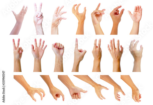 multiple collection hand in gestures isolated on white background of asian