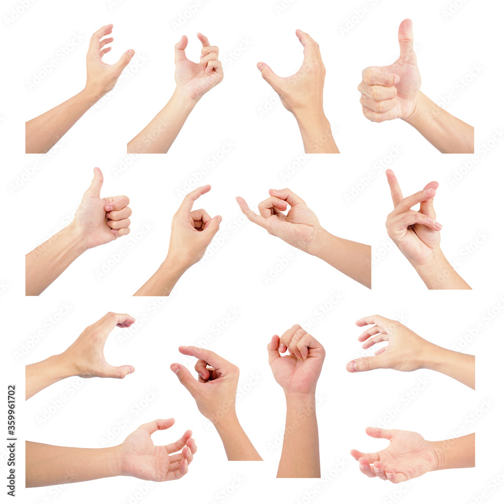 hand of asian man in gestures with hand gesture collection set multiple isolated on white background