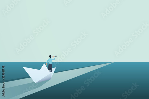 Business vision vector concept with businessman in paper boat. Symbol of future, ambition and success.