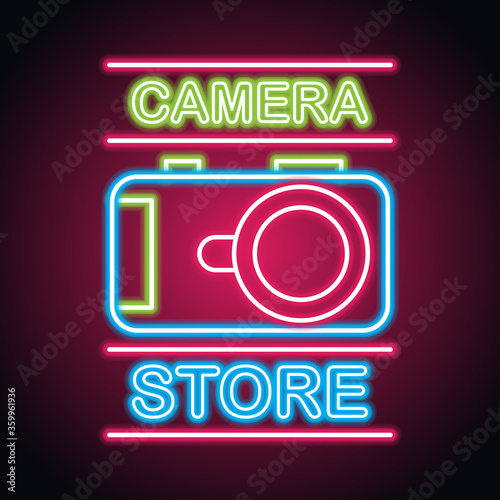 camera equipment with neon sign effect for camera store. vector illustration 