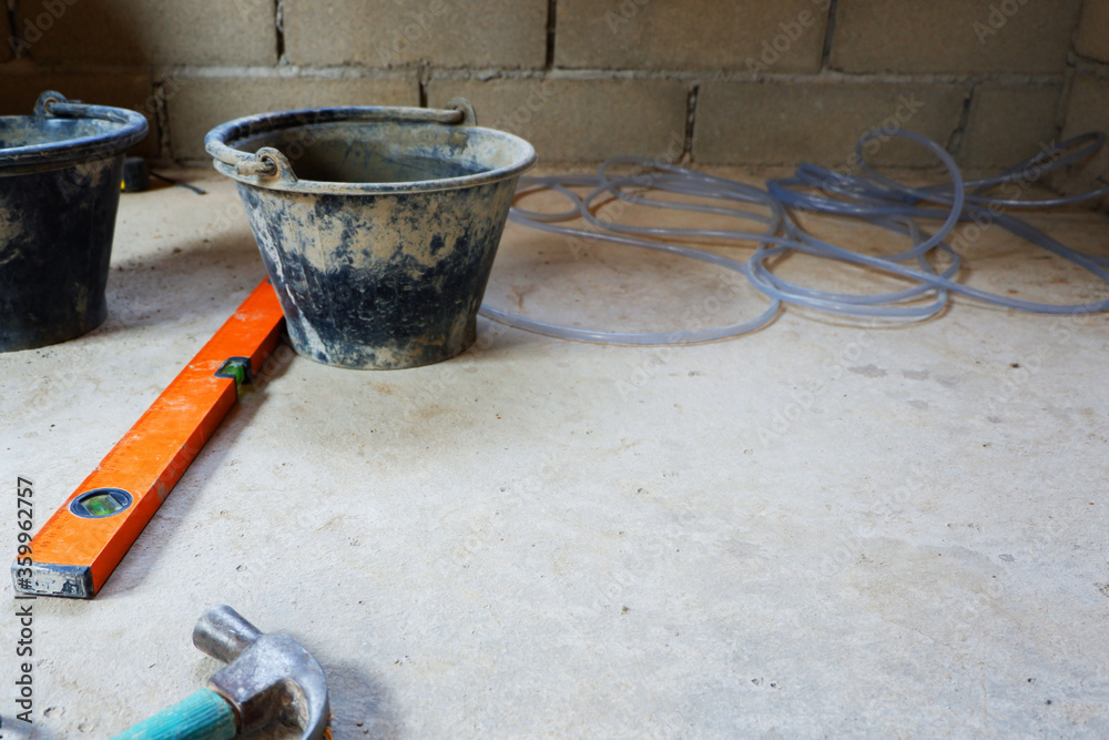 Tools used construction in brick block cement wall. Tools used construction in brick block cement wall.