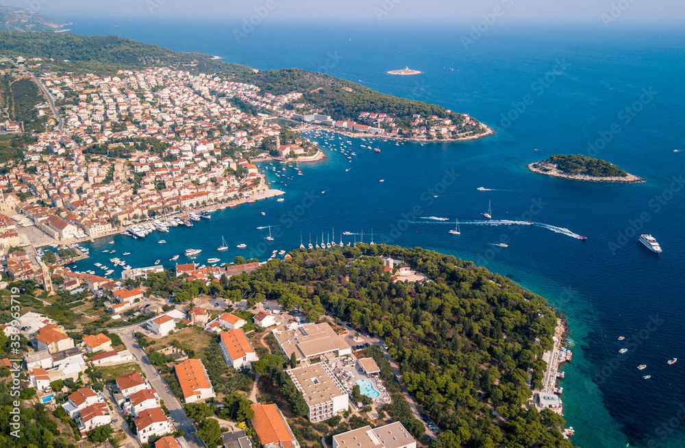 aerial view of Hvar, port city on the island in Croatia