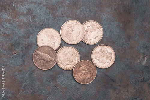 USA silver Morgan coins. One dollar