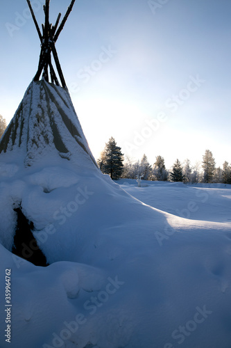 Snow covered Tipee in Lapland, Finland