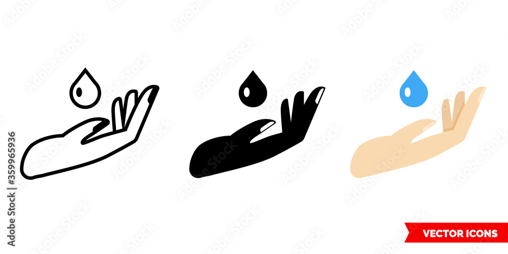 Hand and drop icon of 3 types. Isolated vector sign symbol.