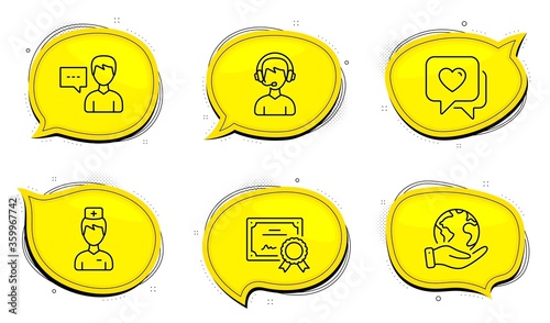 Doctor sign. Diploma certificate, save planet chat bubbles. Heart, Person talk and Consultant line icons set. Love chat, Communication message, Call center. Medicine person. People set. Vector