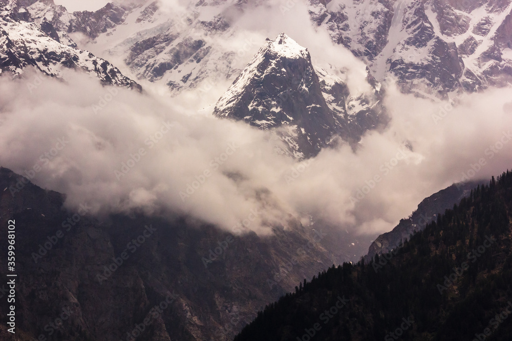 icy ridges of the Himalayan mountain of Kinner Kailash in the village of Kalpa in Kinnaur in Himachal Pradesh, India. icy ridges of the Himalayan mountain of Kinner Kailash in the village of Kalpa in Kinnaur in Himachal Pradesh, India.