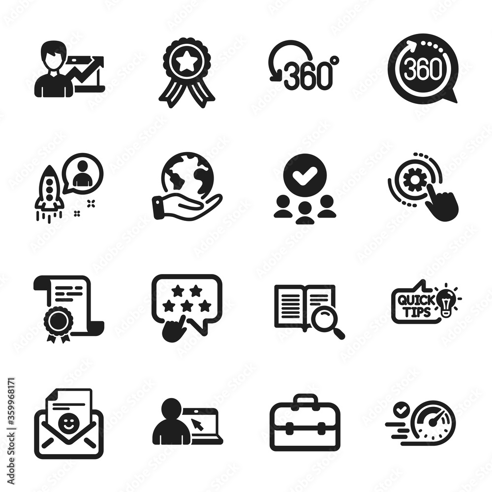 Set of Technology icons, such as Success business, Startup. Certificate, approved group, save planet. Online education, Smile, 360 degrees. Cogwheel settings, Portfolio, Search text. Vector
