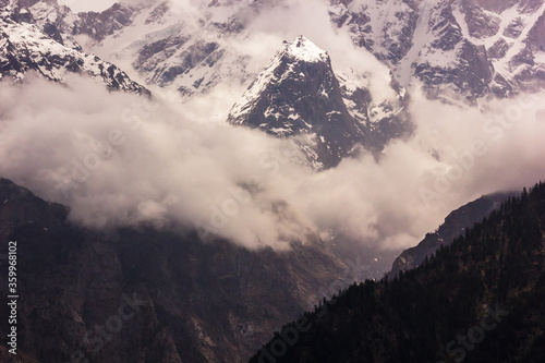 icy ridges of the Himalayan mountain of Kinner Kailash in the village of Kalpa in Kinnaur in Himachal Pradesh, India.