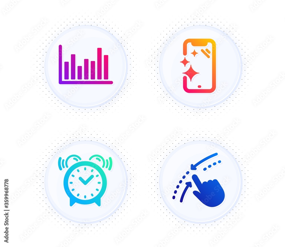 Alarm clock, Bar diagram and Smartphone clean icons simple set. Button with halftone dots. Swipe up sign. Time, Statistics infochart, Phone screen. Touch down. Business set. Vector Alarm clock, Bar diagram and Smartphone clean icons simple set. Button with halftone dots. Swipe up sign. Time, Statistics infochart, Phone screen. Touch down. Business set. Vector
