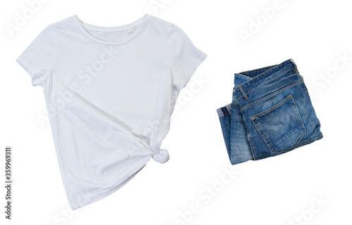 Empty white tshirt and blue denim on white background, black t-shirt mock up and blue jeans, blank t shirt