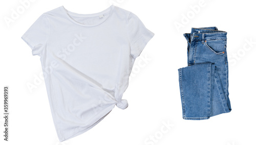 Empty white tshirt and blue denim on white background, black t-shirt mock up and blue jeans, blank t shirt