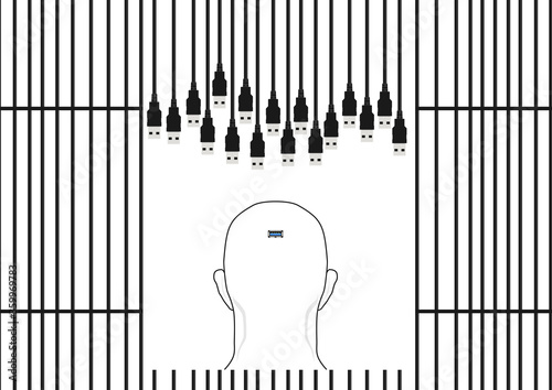 The concept of freedom of choice. A man with a usb socket in his head. Flat vector.