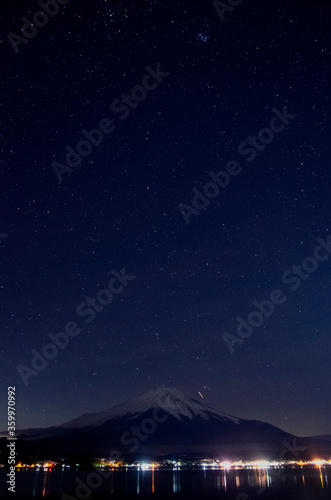 Mount Fuji with snowcap & starry night, from Lake Yamanaka, Japan