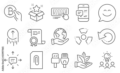Set of Technology icons, such as Organic product, Computer keyboard. Diploma, ideas, save planet. Computer cables, Sms, Smartphone notification. Chemical hazard, Loyalty program, Bitcoin pay. Vector
