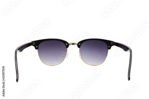Black thick frames flat top clubmaster sunglasses with round bottom golden frames and clear dark blue lenses isolated on white background. Rear View (pov, FPV).
