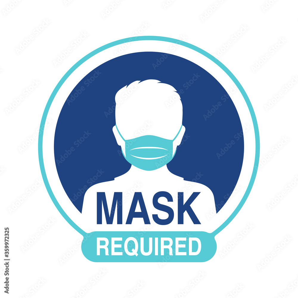 Mask required warning prevention sign - human face silhouette with protective mask in circular frame - isolated vector information signboard