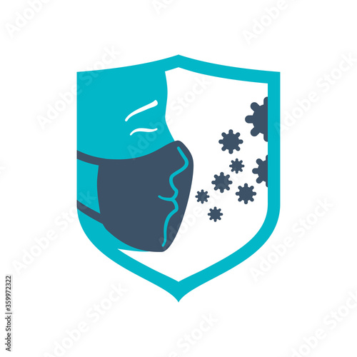Respiratory mask icon  - mouth guard that blocking dangerous viruses transmitted by airborne droplets - human face inside protection shield - vector pictogram