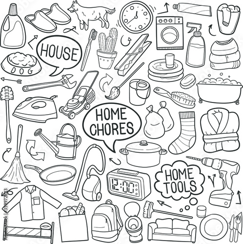 Chores Home Traditional Doodle Icons Sketch Hand Made Design Vector 