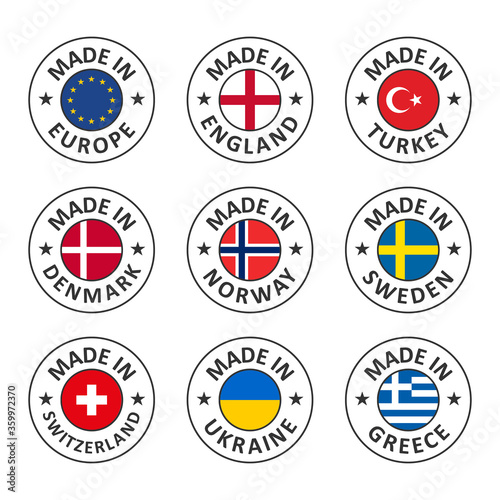 vector icon set made in england, turkey, denmark, norway, sweden, switzerland, ukraine, greece and made in europe
