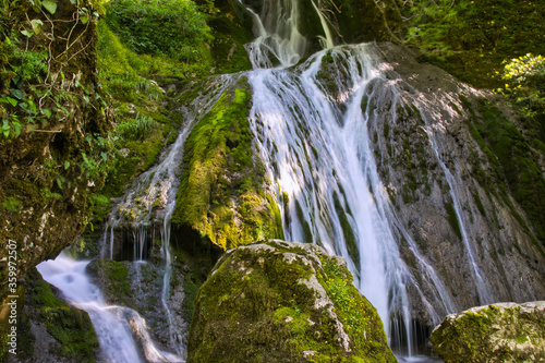 The lower part of a big cascade waterfall Toba at Samegrelo Zemo Svaneti, Georgia.