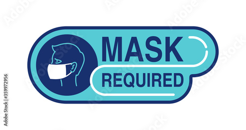 Mask required warning prevention sign - human profile silhouette with face mask in rounded rectangular frame - isolated vector information signboard