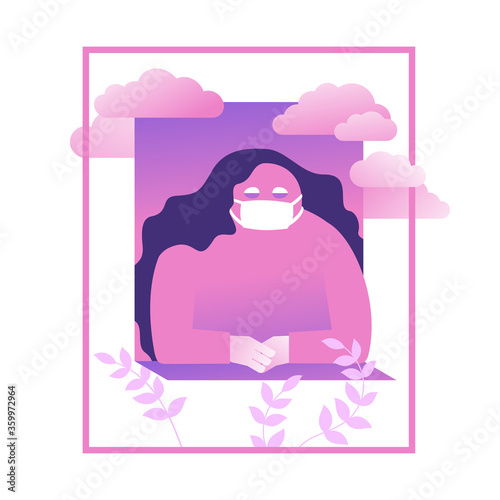 Bacterial dicease coronavirus COVID-2019 home self-isolation - woman in window with respiratory mask  - isolated conceptual illustration and banner template photo