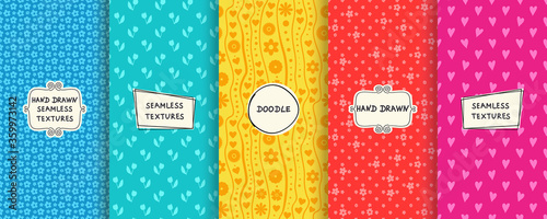 Set of seamless hand drawn patterns for background, wedding invitation, business cards, web design. Floral patterns with trendy modern labels on bright background. Vector illustration