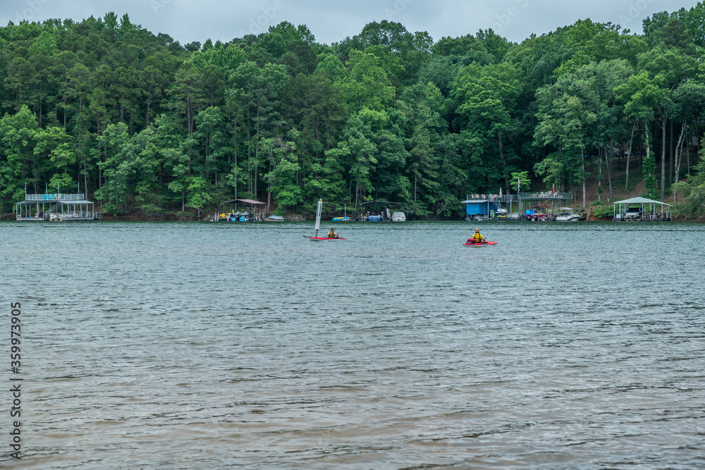 Kayakers fishing on the lake