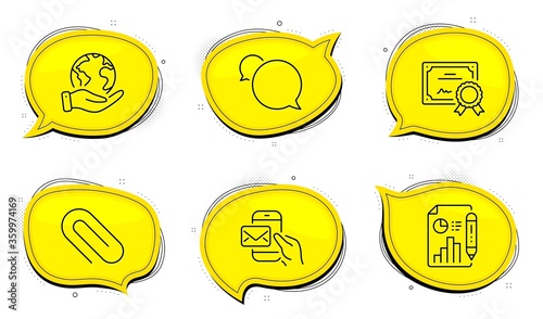 Paper clip sign. Diploma certificate, save planet chat bubbles. Messenger mail, Messenger and Report document line icons set. New e-mail, Speech bubble, Growth chart. Attach paperclip. Vector