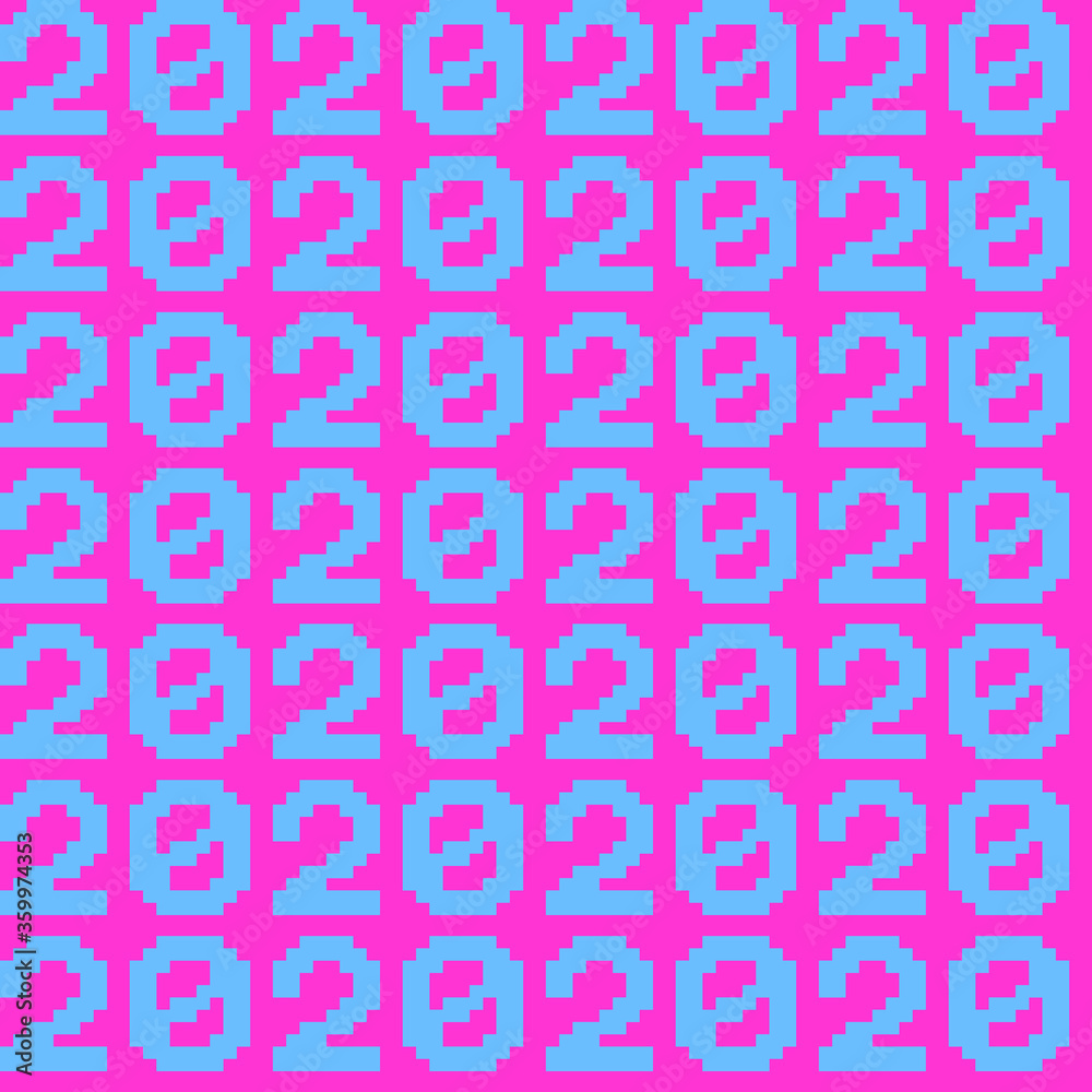 Retro futuristic pixel 2020 blue text neon vibrant coloured seamless pattern. Repetitive vector texture.