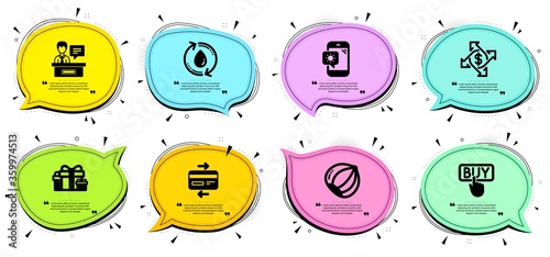 Holiday presents, Exhibitors and Credit card signs. Chat bubbles with quotes. Weather phone, Refill water and Payment exchange line icons set. Hazelnut, Buying symbols. Vector