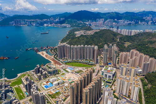Drone fly over Hong Kong city