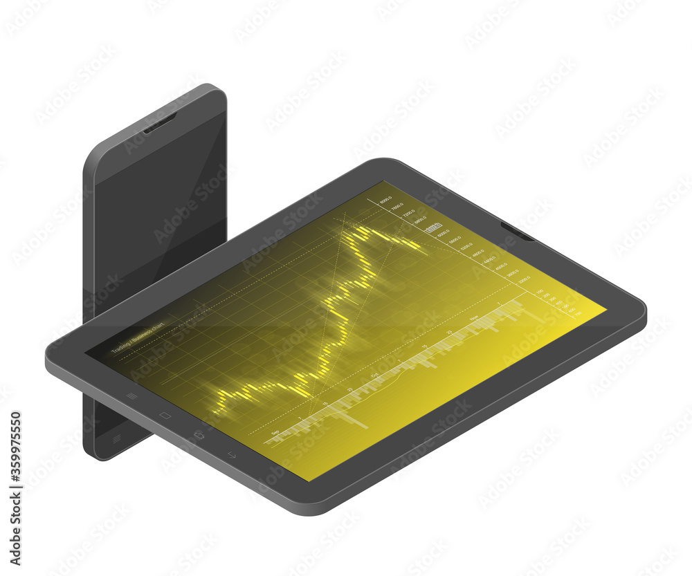 3d Tablet PC Business chart, isometric uptrend line graph, bar chart stock numbers bull market arrow phone. Evaluation investment risks tablet banner. Financial isometry markets tablet, trading phone 3d Tablet PC Business chart, isometric uptrend line graph, bar chart stock numbers bull market arrow phone. Evaluation investment risks tablet banner. Financial isometry markets tablet, trading phone