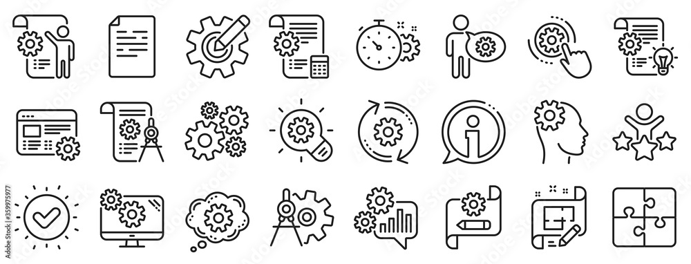 Set of Idea bulb, Dividers tools and Blueprint linear icons. Engineering line icons. Cogwheel, calculate price, mechanical tools. Idea bulb with cog, architect dividers, engineering people. Vector