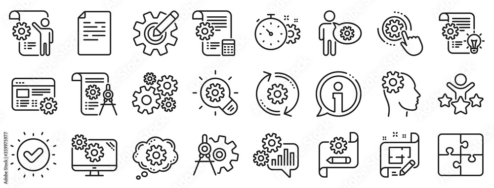 Set of Idea bulb, Dividers tools and Blueprint linear icons. Engineering line icons. Cogwheel, calculate price, mechanical tools. Idea bulb with cog, architect dividers, engineering people. Vector Set of Idea bulb, Dividers tools and Blueprint linear icons. Engineering line icons. Cogwheel, calculate price, mechanical tools. Idea bulb with cog, architect dividers, engineering people. Vector