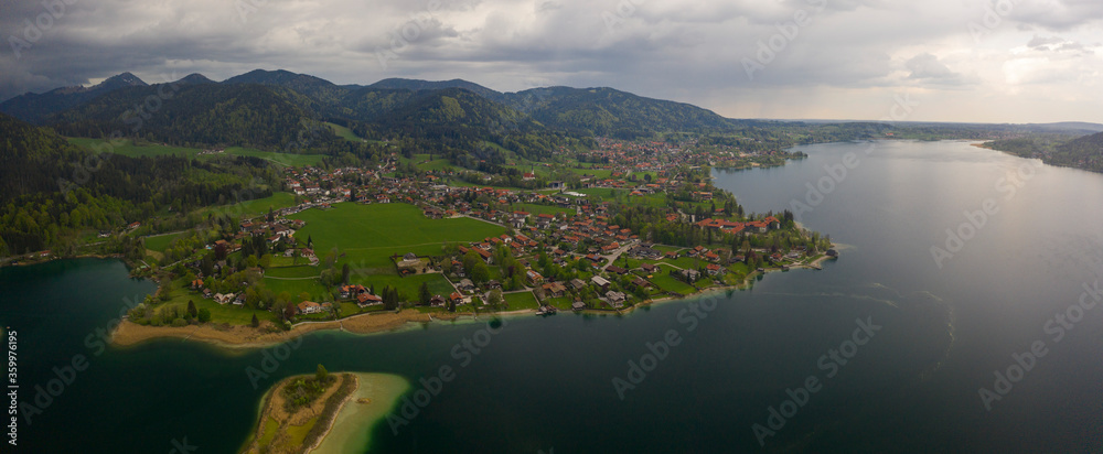 Aerial view of the city Bad Wiessee in Germany, Bavaria on a cloudy rainy spring day during the coronavirus lockdown.
