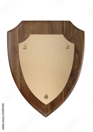 Shield shape blank plaque with wood and metal on white background