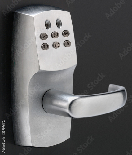 A keyless door lock and handle that a numeric code unlocks